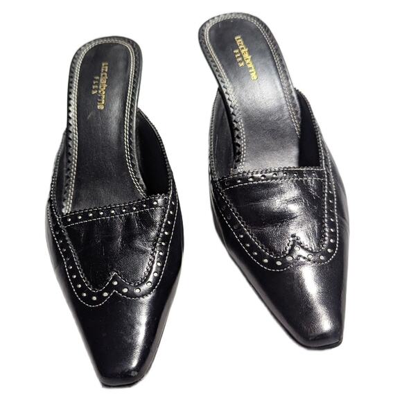 Vtg Y2K Liz Claiborne Black Leather Pointed Toe Wingtip Kitten Heel Mules Sz 7 - Picture 2 of 7